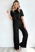Black Solid Color T Shirt 2pcs Wide Leg Pants Set - Fashionfitz