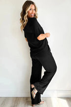 Black Solid Color T Shirt 2pcs Wide Leg Pants Set - Fashionfitz