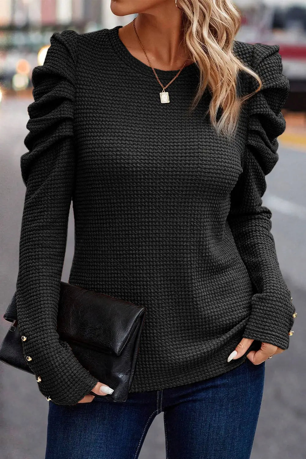Black solid color textured buttoned gigot sleeve top - long tops