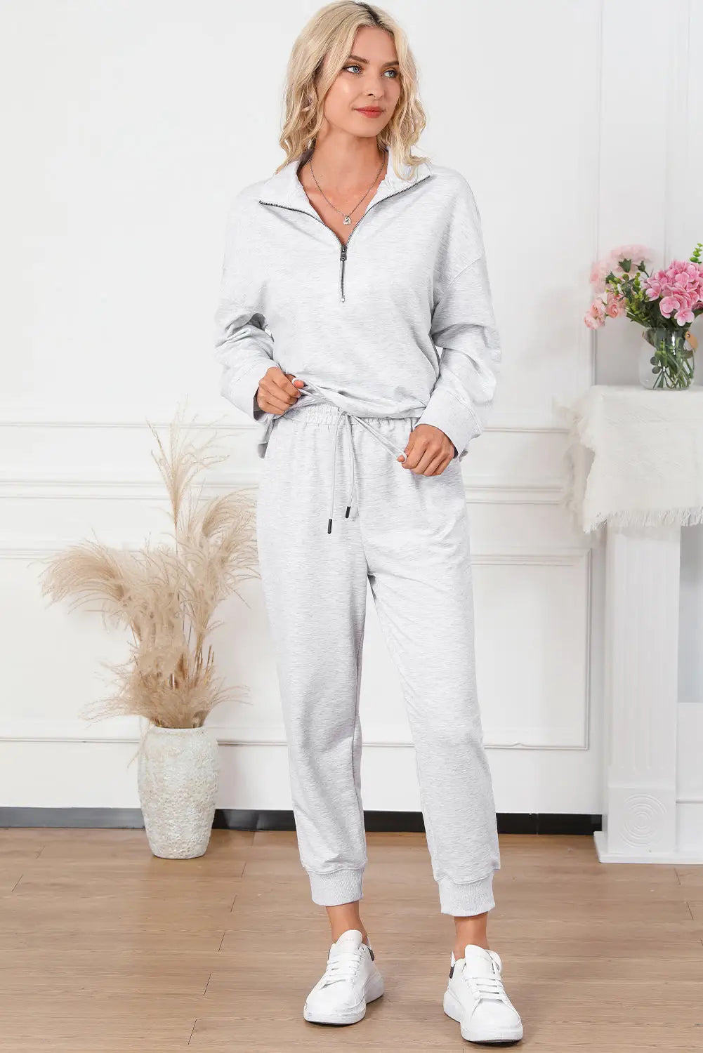 Black solid half zipped drawstring high waist lounge set - gray / 2xl / 95% polyester + 5% elastane - pants sets