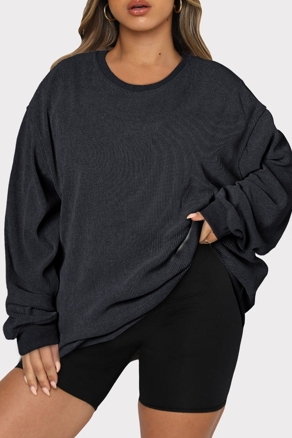 Black solid ribbed knit round neck pullover sweatshirt - 1x / 100% polyester - tops