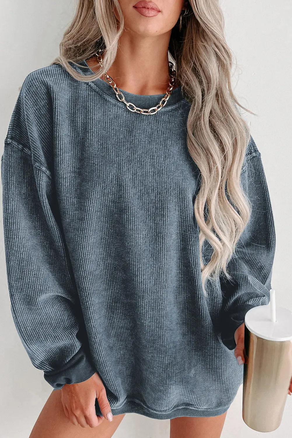Black solid ribbed knit round neck pullover sweatshirt - blue / s / 100% polyester - tops