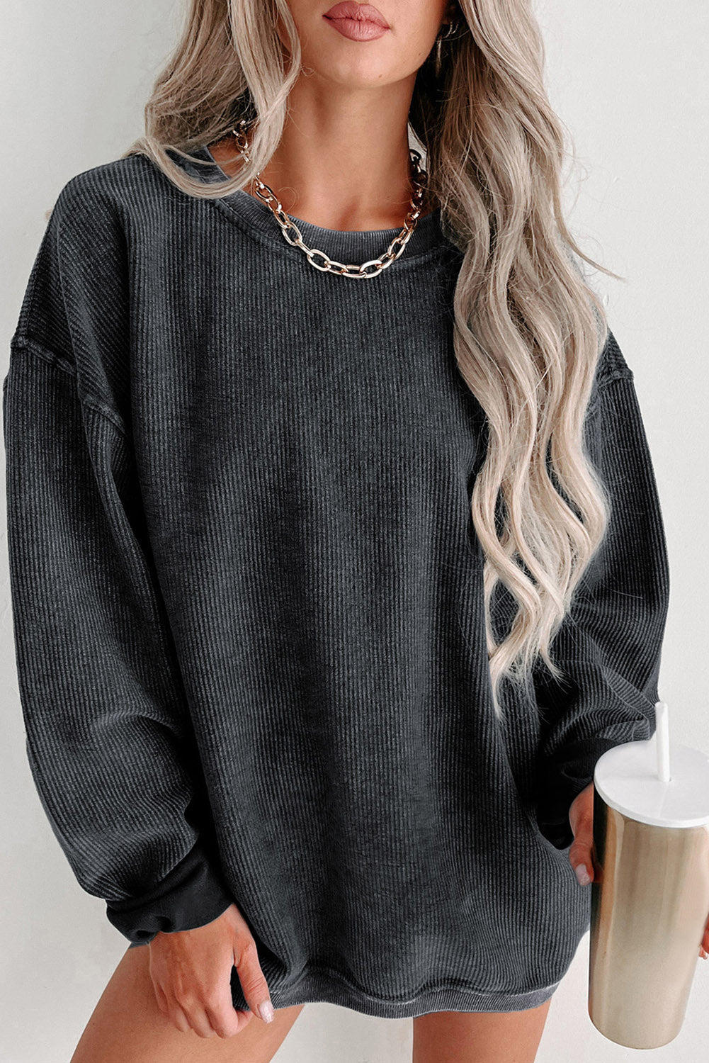 Black solid ribbed knit round neck pullover sweatshirt - s / 100% polyester - tops