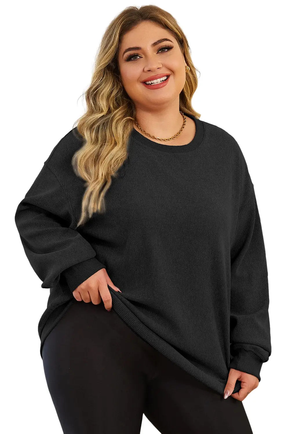 Black solid ribbed knit round neck pullover sweatshirt - tops