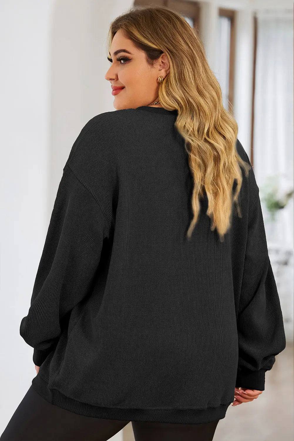 Black solid ribbed knit round neck pullover sweatshirt - tops