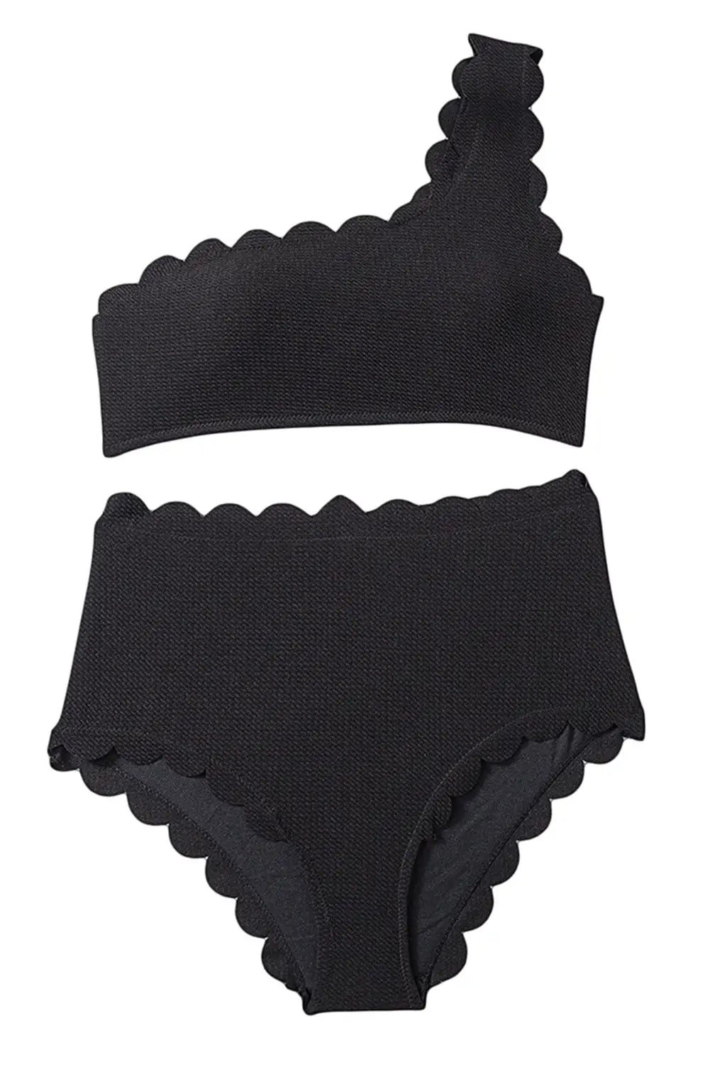 Black solid scalloped one-shoulder bikini - bikinis