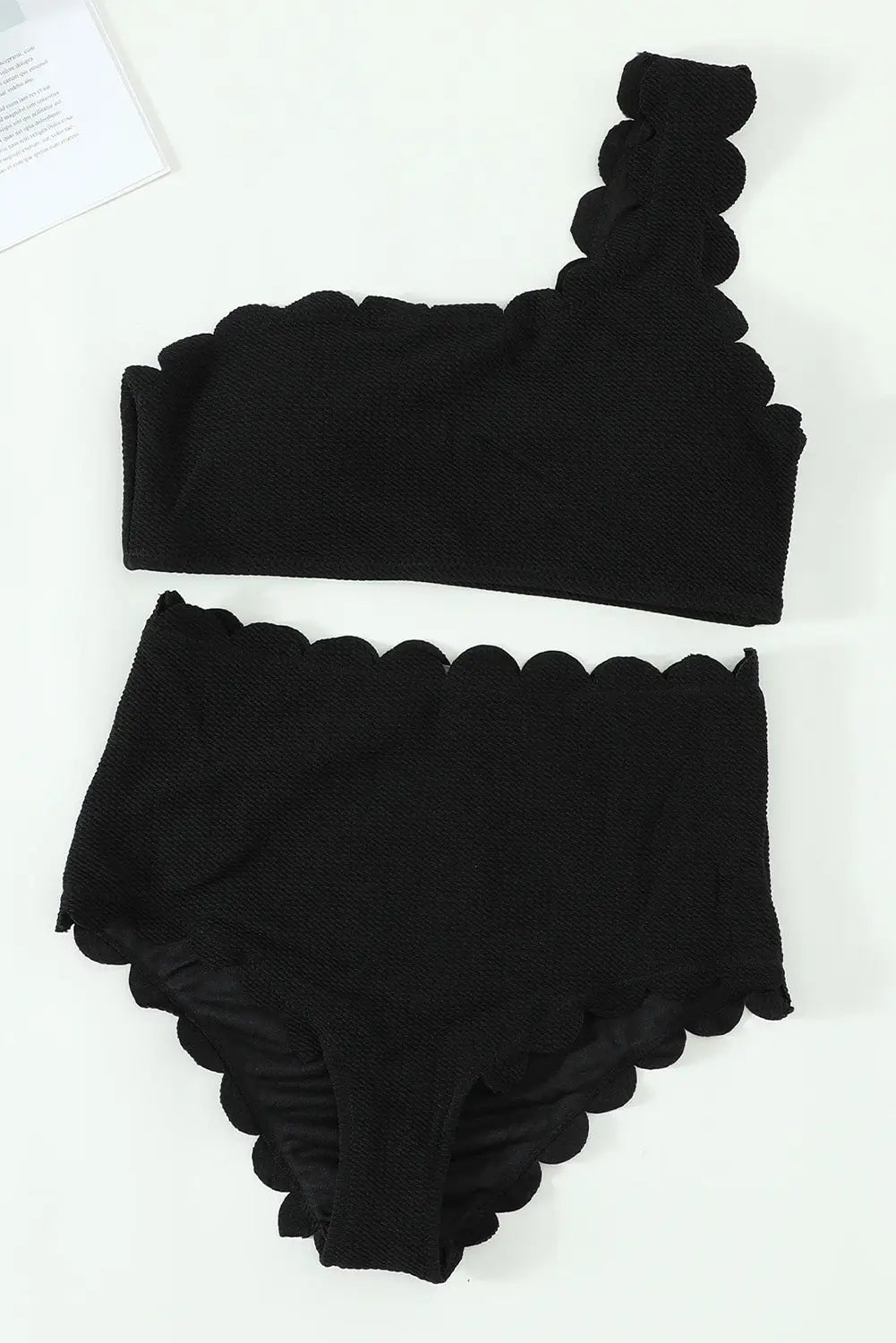 Black solid scalloped one-shoulder bikini - bikinis