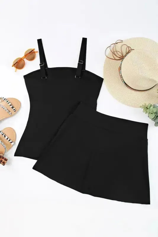 Black Solid Square Neck Sleeveless Tankini Swimsuit - Fashionfitz