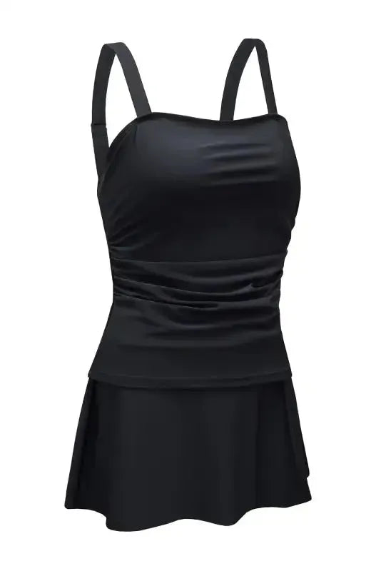 Black Solid Square Neck Sleeveless Tankini Swimsuit - Fashionfitz