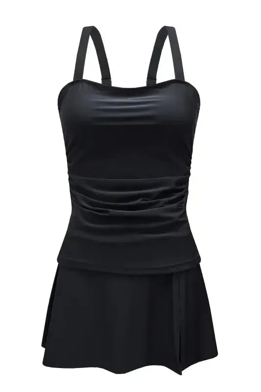Black Solid Square Neck Sleeveless Tankini Swimsuit - Fashionfitz