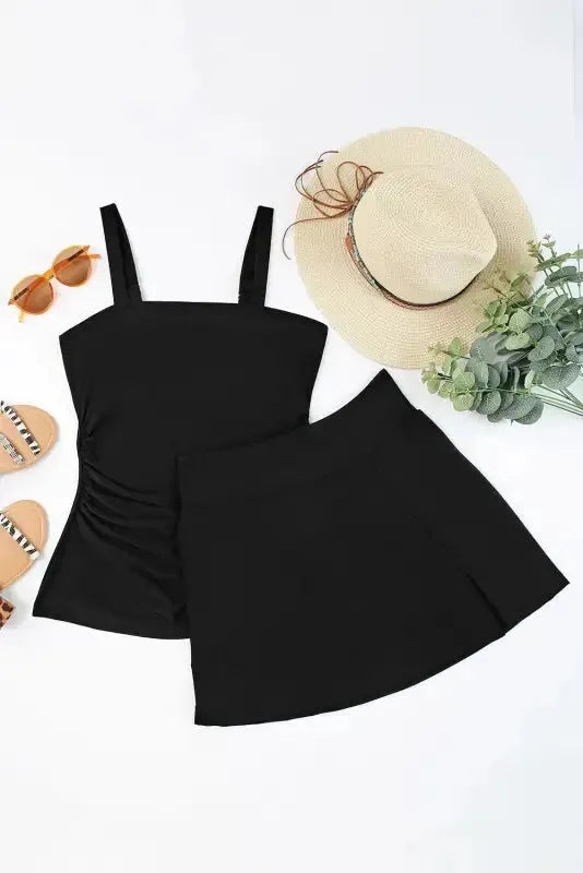 Black Solid Square Neck Sleeveless Tankini Swimsuit - Fashionfitz