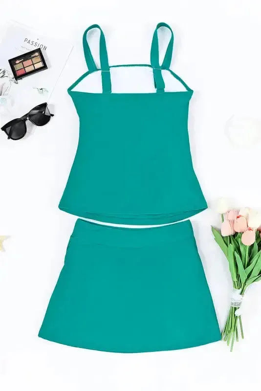 Black Solid Square Neck Sleeveless Tankini Swimsuit - Fashionfitz