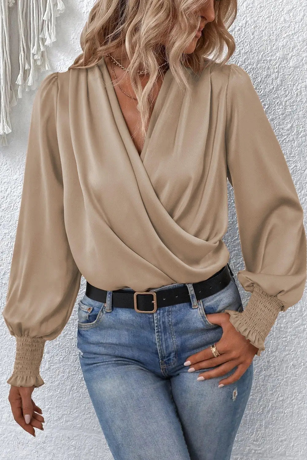Black solid surplice neck shirred cuffs draped blouse - khaki / s / 100% polyester - tops