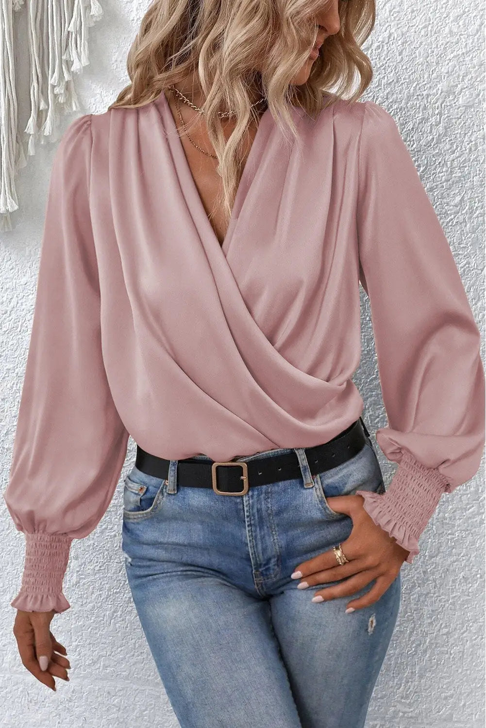 Black solid surplice neck shirred cuffs draped blouse - pink / s / 100% polyester - tops