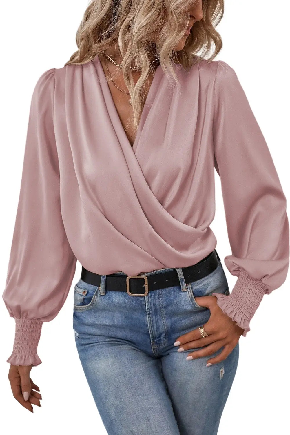 Black solid surplice neck shirred cuffs draped blouse - tops