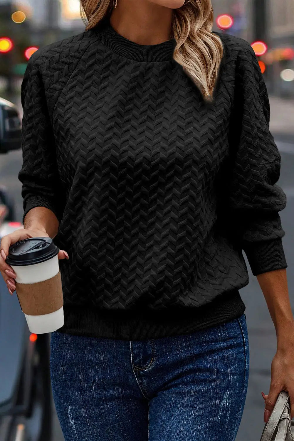 Black solid textured raglan sleeve pullover sweatshirt - s / 95% polyester + 5% elastane - sweatshits & hoodies