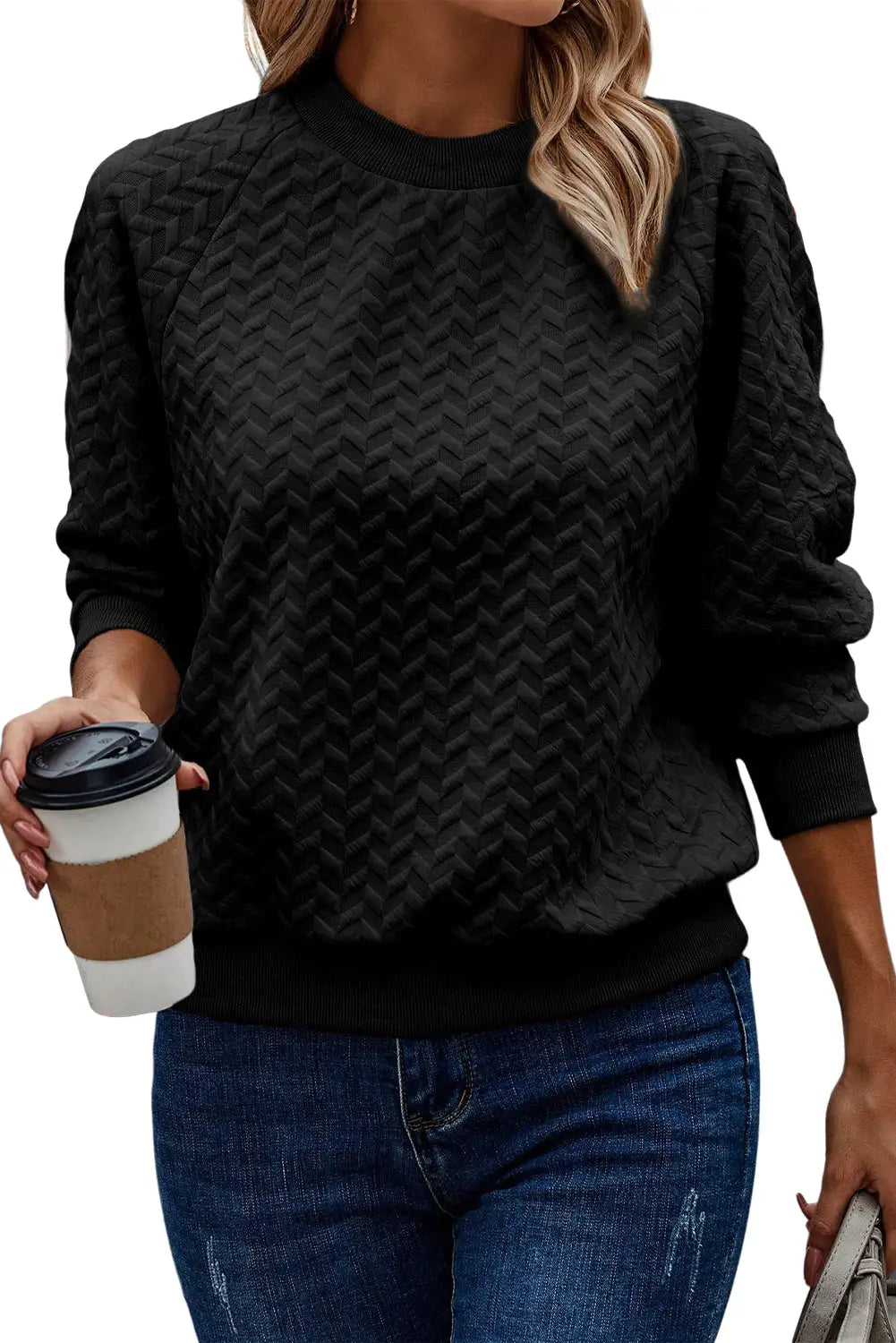 Black solid textured raglan sleeve pullover sweatshirt - sweatshits & hoodies