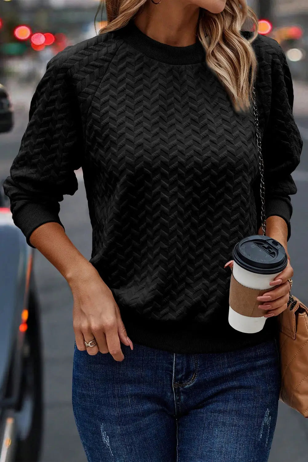 Black solid textured raglan sleeve pullover sweatshirt - sweatshits & hoodies