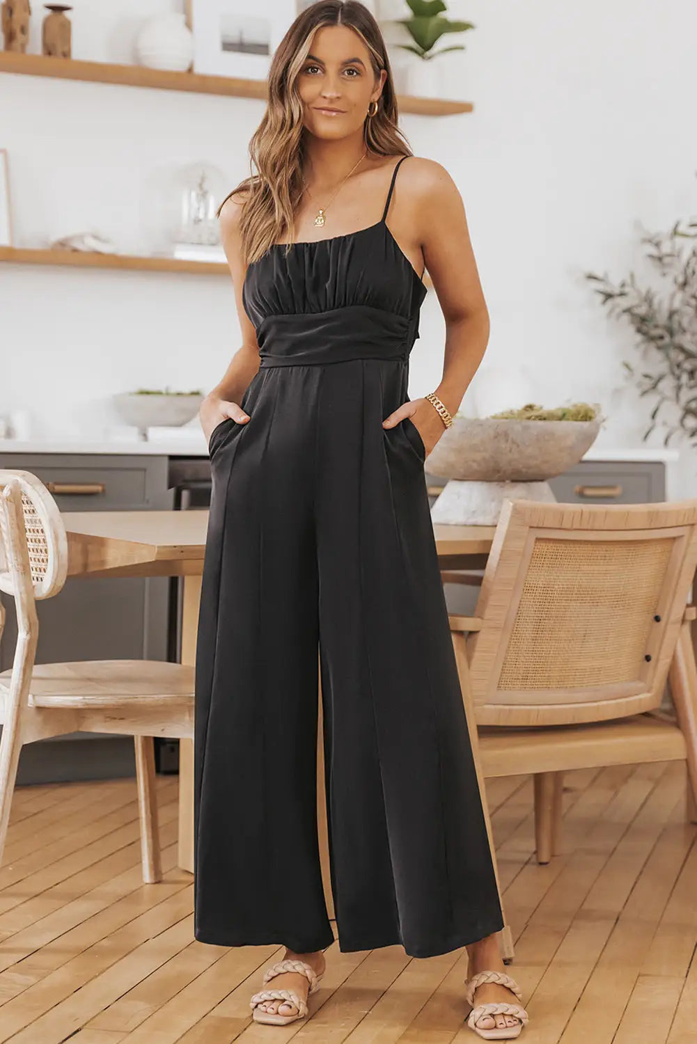 Black spaghetti straps backless knot wide-leg jumpsuit - s / 100% polyester - jumpsuits & rompers
