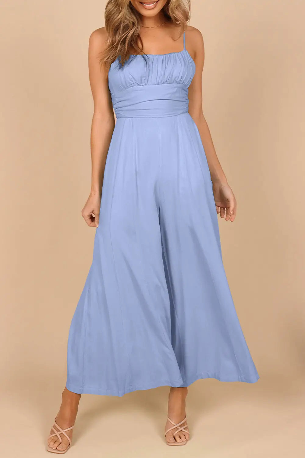 Black spaghetti straps backless knot wide-leg jumpsuit - sky blue / s / 100% polyester - jumpsuits & rompers