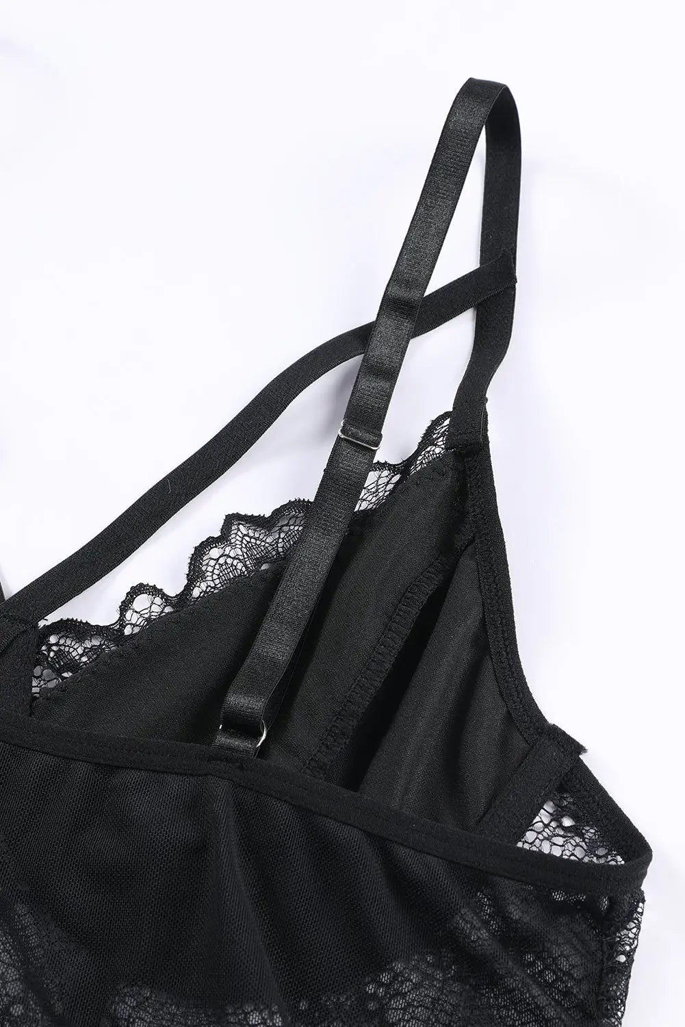 Black spaghetti straps lace panel bodysuit - bodysuits