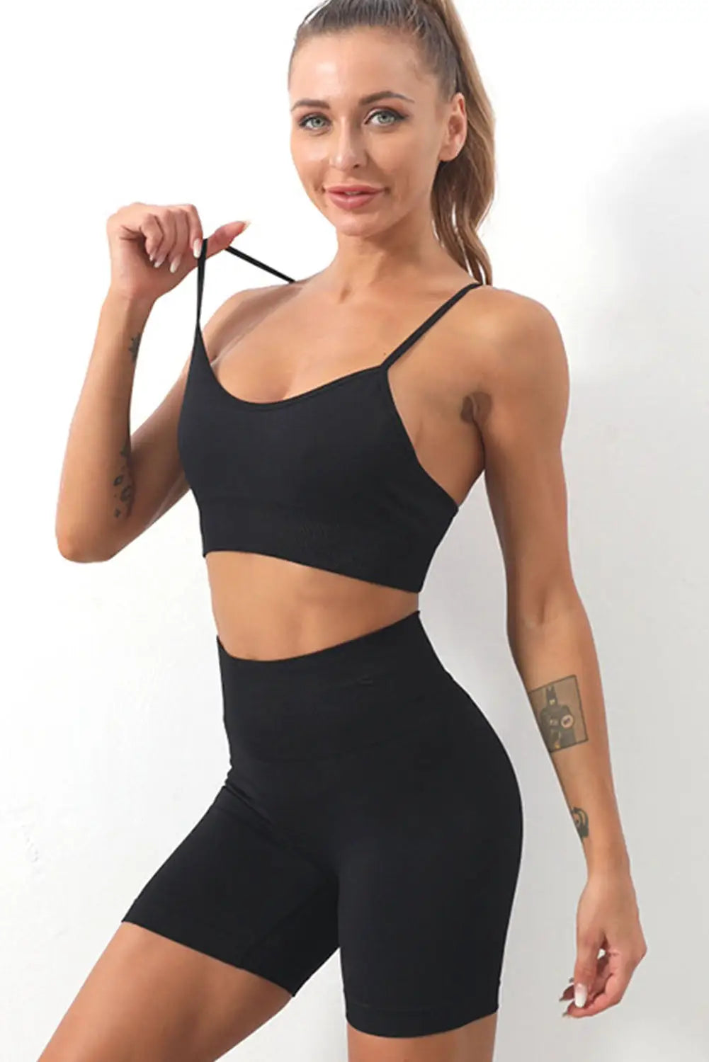 Black spaghetti straps seamless yoga short set - activewear