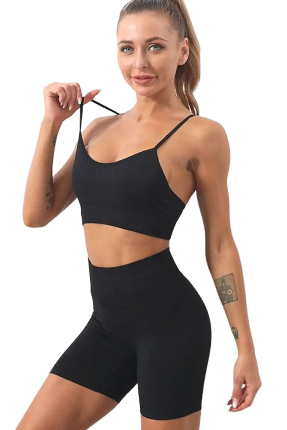 Black spaghetti straps seamless yoga short set - activewear