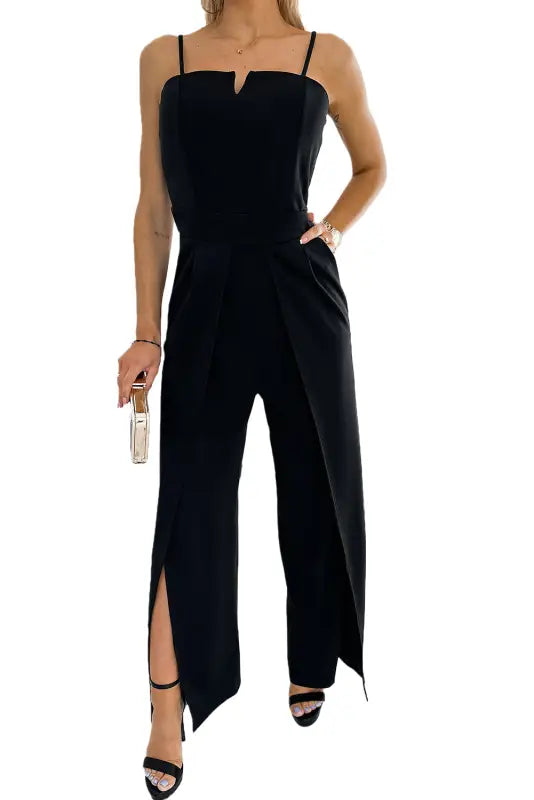 Black spaghetti straps slit leg jumpsuit with pockets - jumpsuits & rompers