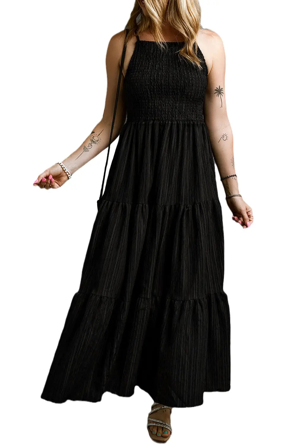 Black spaghetti straps smocked pleated tiered maxi dress - dresses