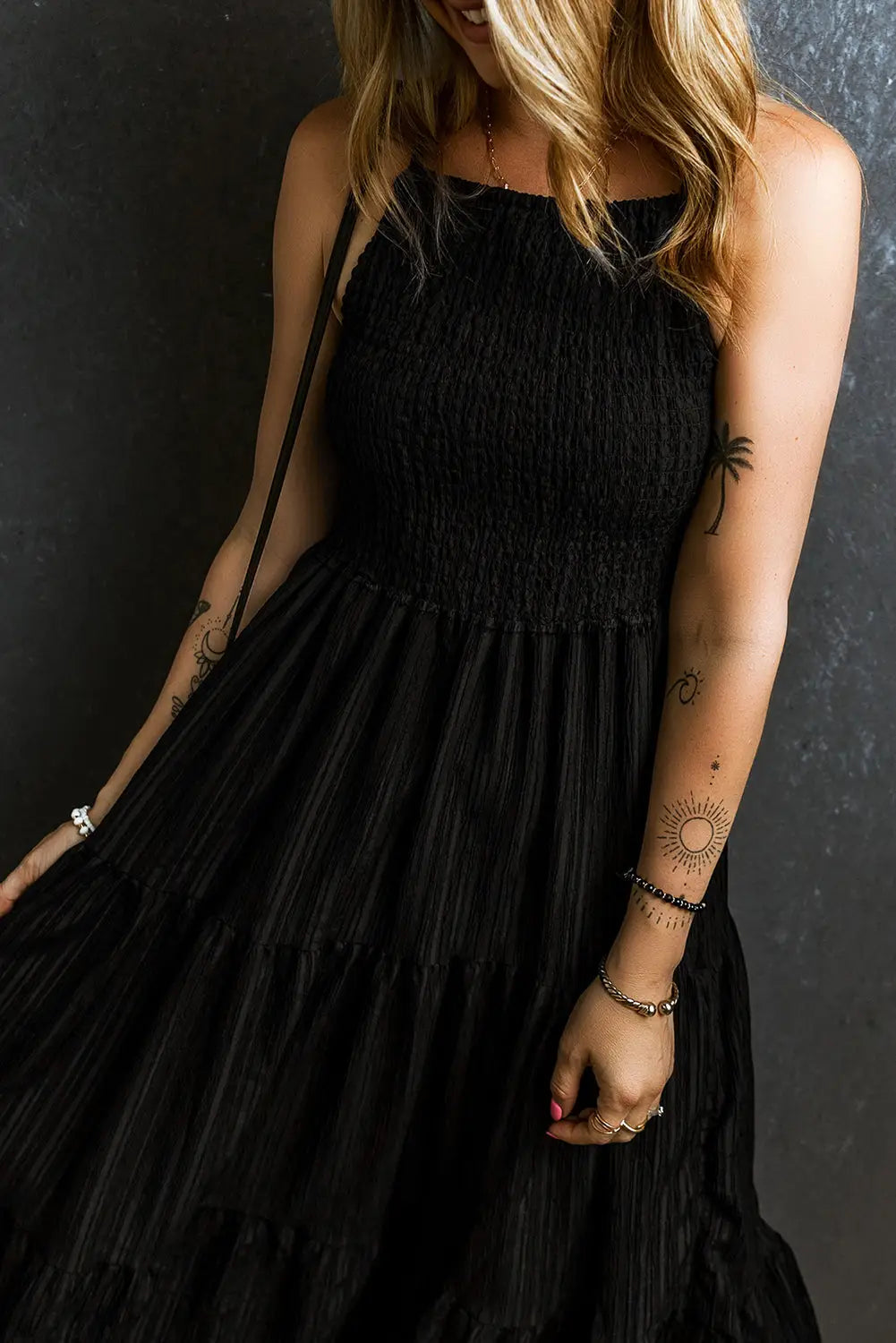 Black spaghetti straps smocked pleated tiered maxi dress - dresses