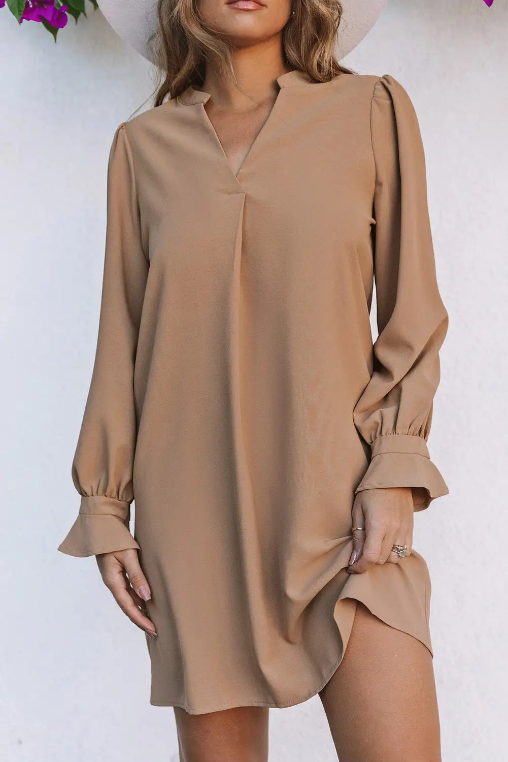 Black split v neck ruffled sleeves shirt dress - apricot / s / 100% polyester - mini dresses