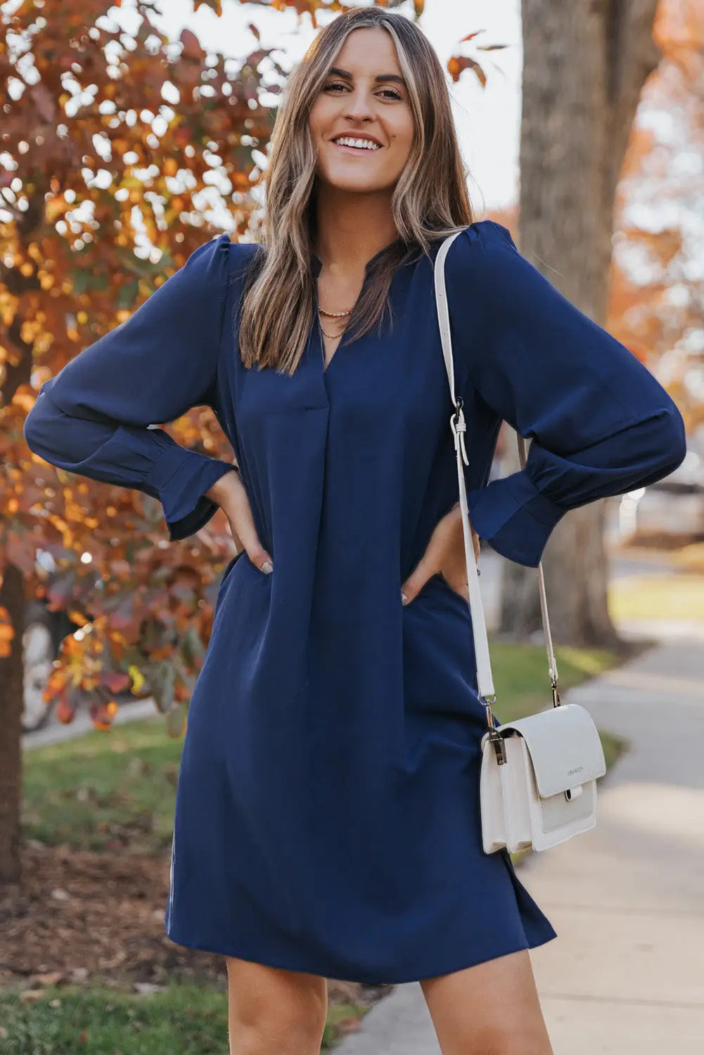 Black split v neck ruffled sleeves shirt dress - blue / s / 100% polyester - mini dresses