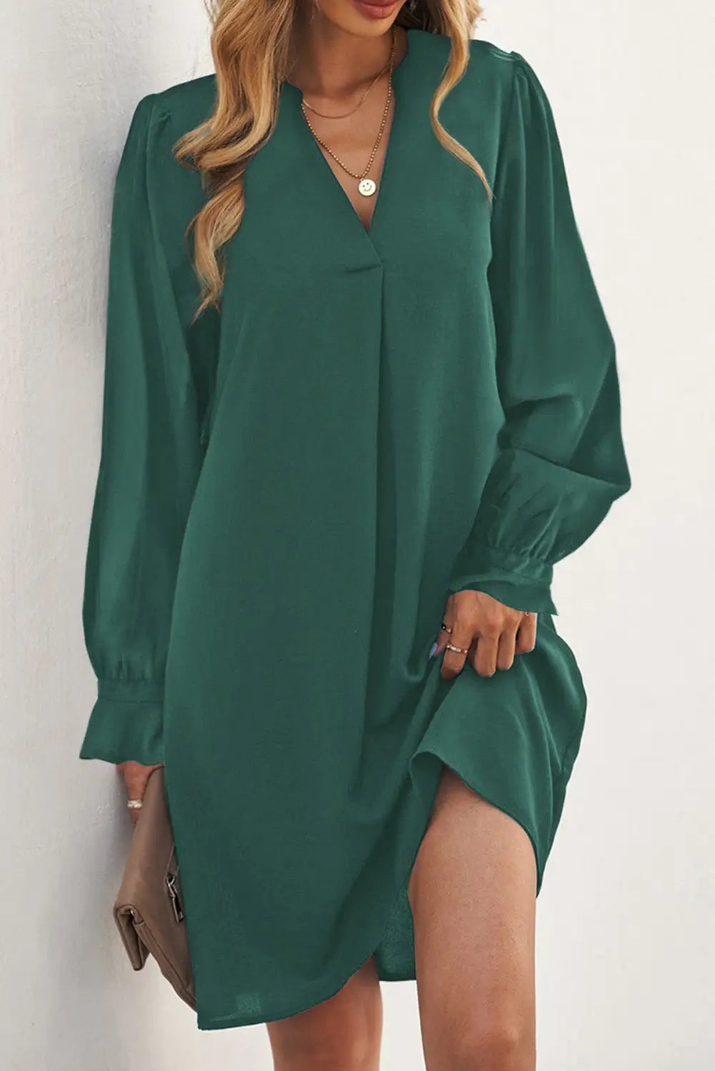 Black split v neck ruffled sleeves shirt dress - green-2 / s / 100% polyester - mini dresses