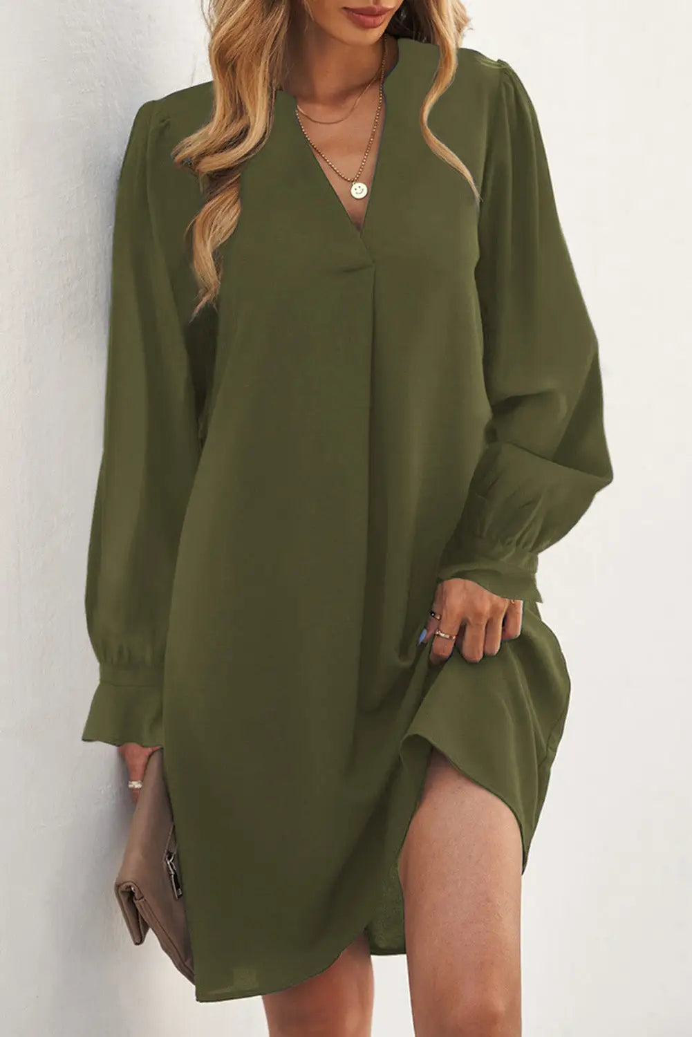 Black split v neck ruffled sleeves shirt dress - green / s / 100% polyester - mini dresses
