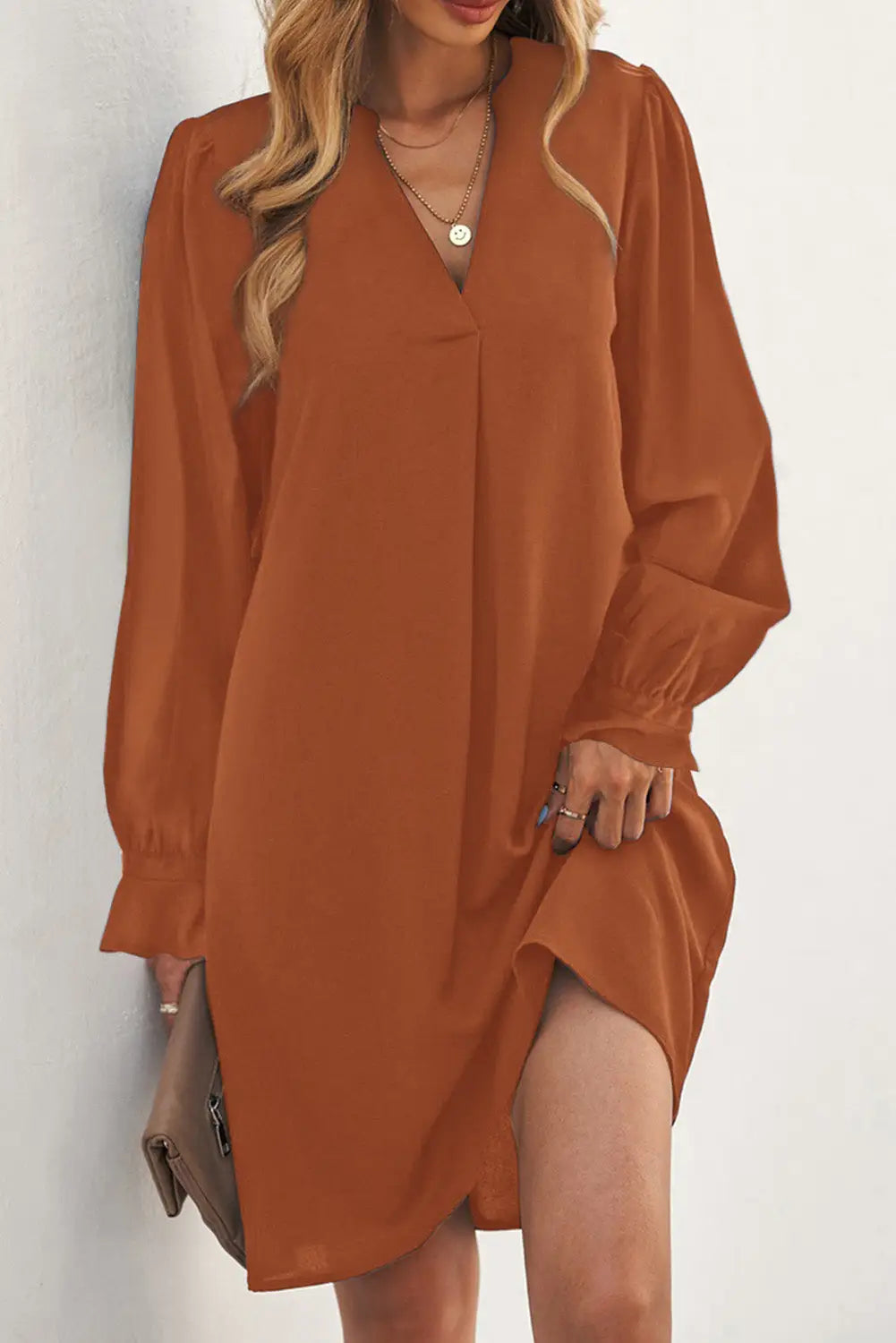 Black split v neck ruffled sleeves shirt dress - khaki / s / 100% polyester - mini dresses