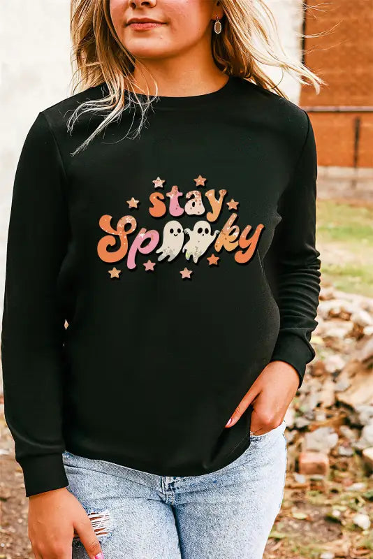 Black spooky season ghost graphic sweatshirt - sweatshirts