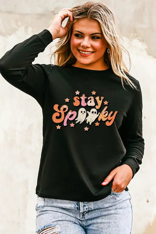 Black spooky season ghost graphic sweatshirt - sweatshirts