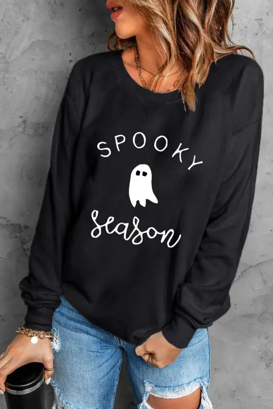 Black spooky season ghost graphic sweatshirt - sweatshirts