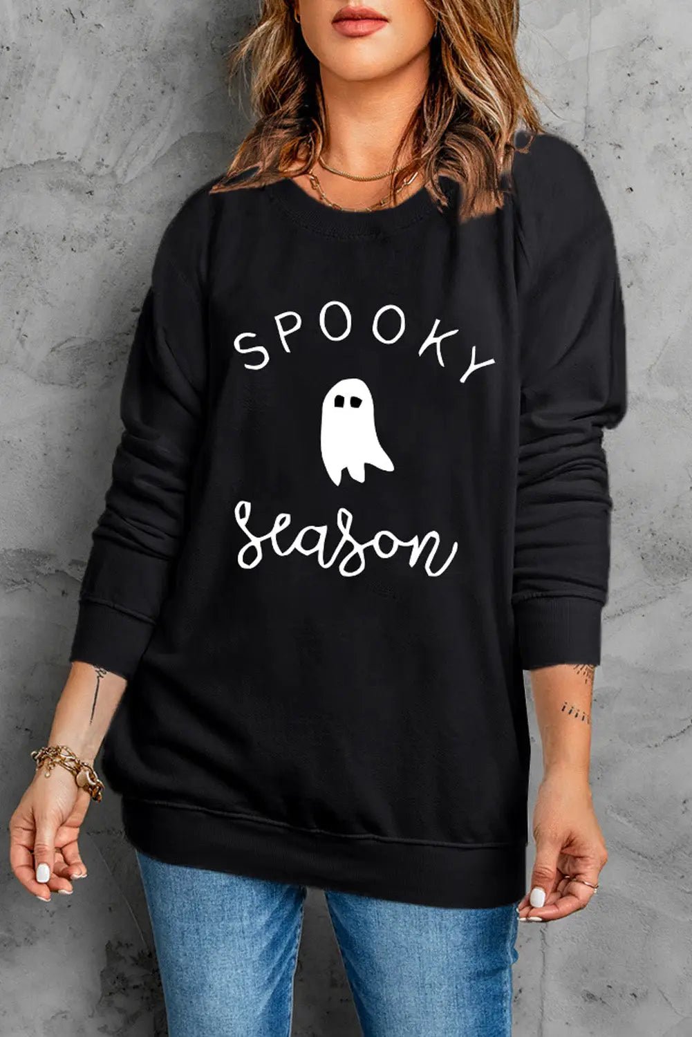 Black spooky season ghost graphic sweatshirt - sweatshirts