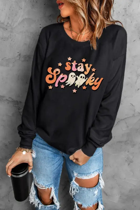 Black spooky season ghost graphic sweatshirt - sweatshirts