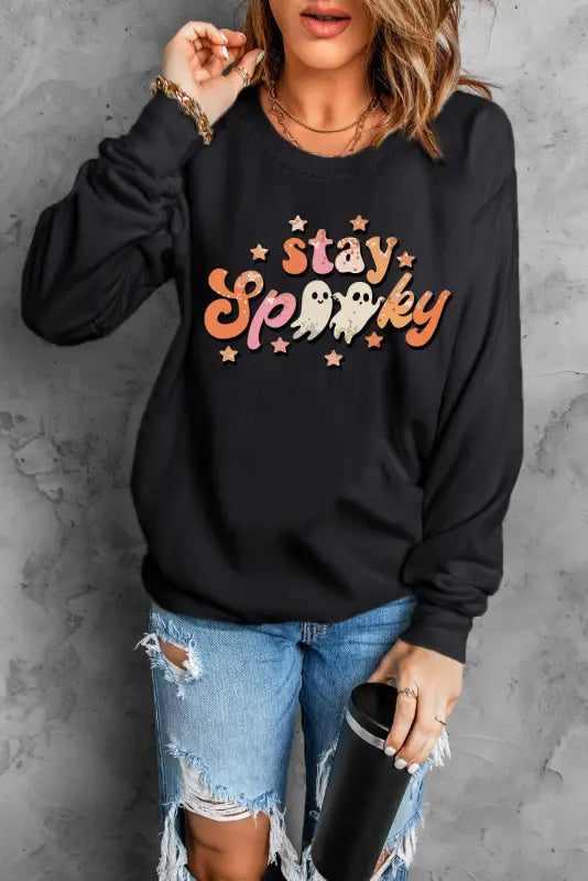 Black spooky season ghost graphic sweatshirt - sweatshirts