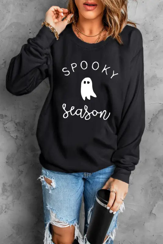 Black spooky season ghost graphic sweatshirt - sweatshirts