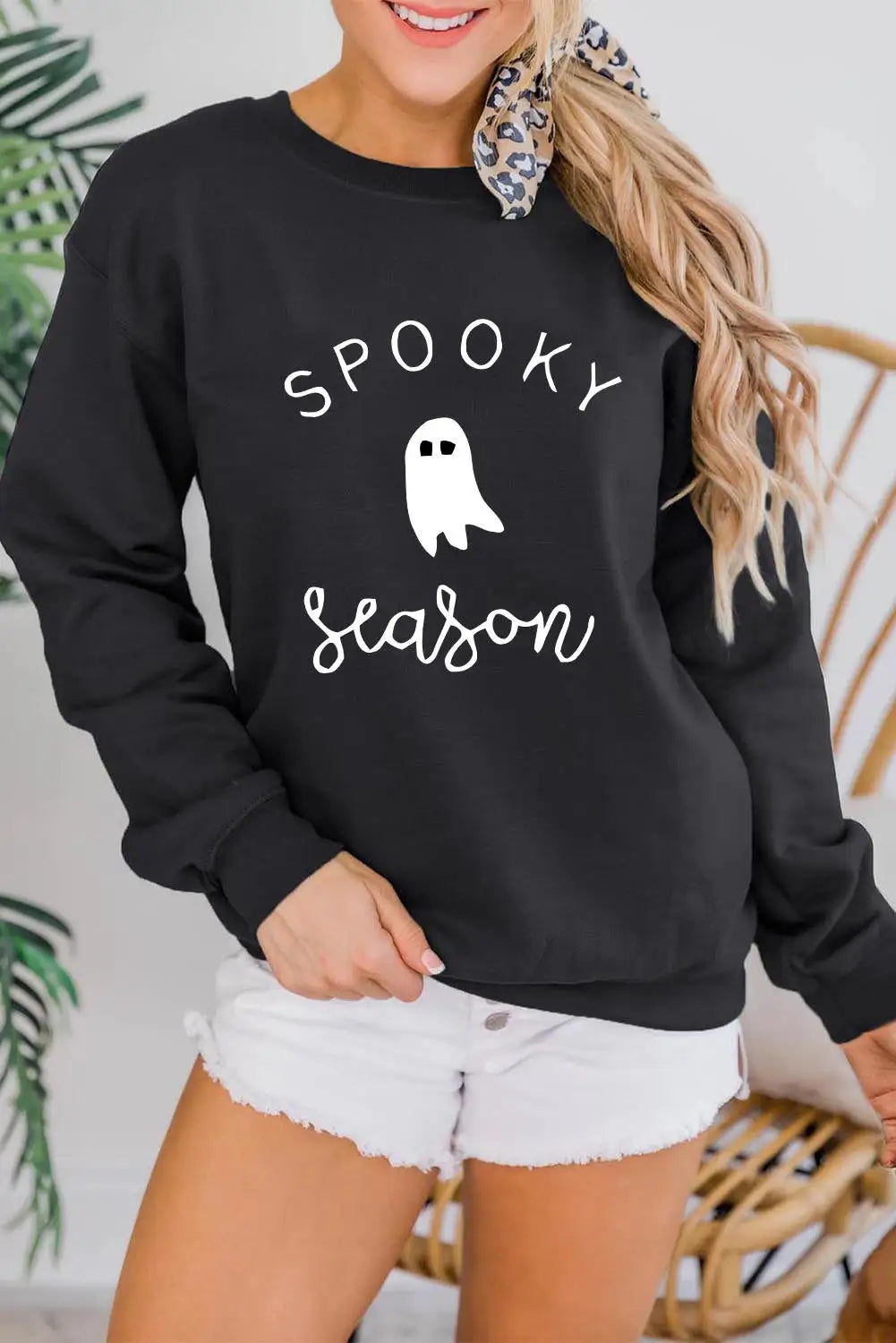 Black spooky season ghost graphic sweatshirt - s / 70% polyester + 30% cotton - sweatshirts