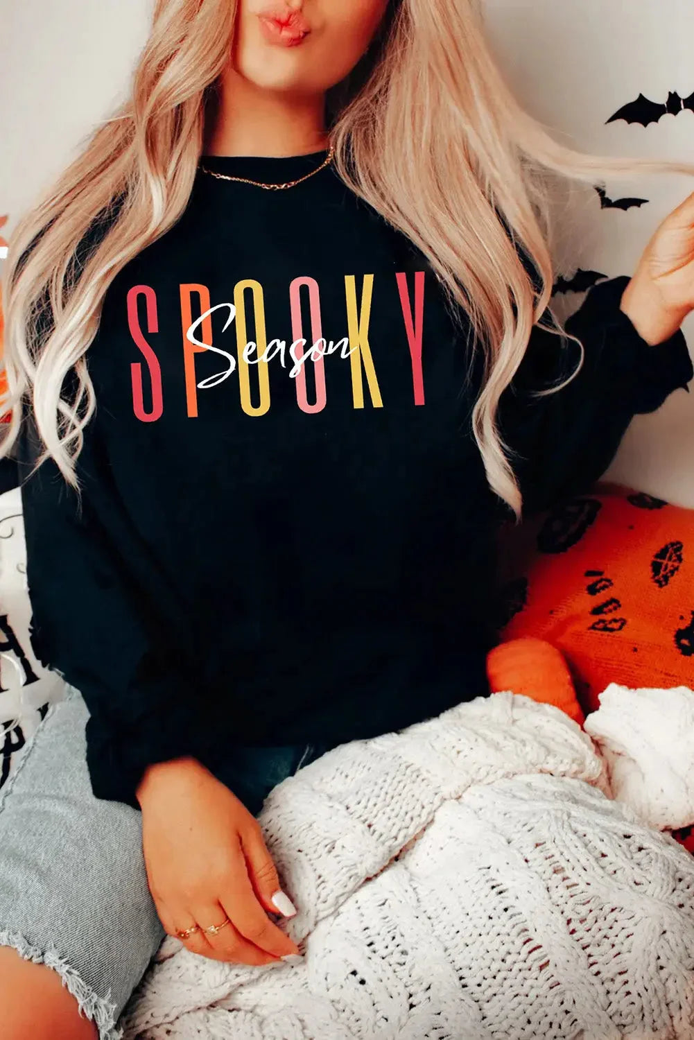 Black spooky season halloween fashion graphic sweatshirt - s / 70% polyester + 30% cotton - sweatshirts