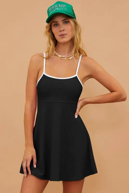 Black sporty one piece swim dress - dresses