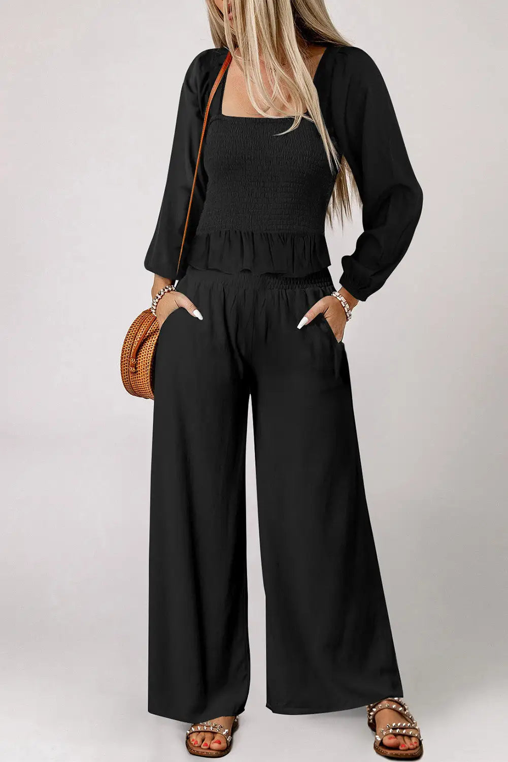 Black square neck smocked peplum top and pants set - l / 100% polyester - sets