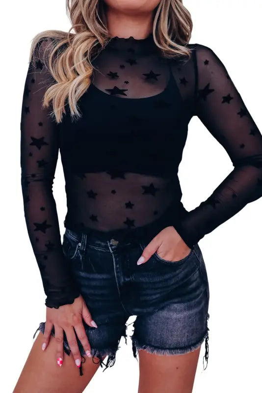 Black star embellished sheer mesh long sleeve top - tops