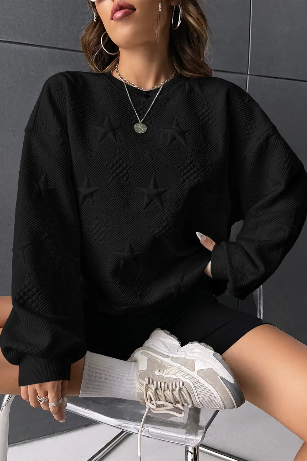 Black star embossed textured drop shoulder sweatshirt - sweatshirts & hoodies