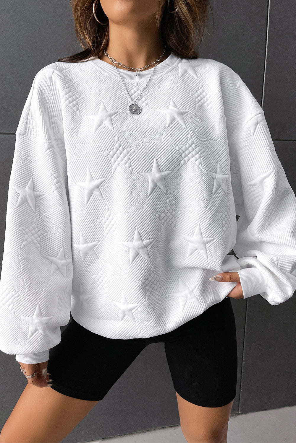 Black star embossed textured drop shoulder sweatshirt - white / l / 95% polyester + 5% elastane - sweatshirts & hoodies