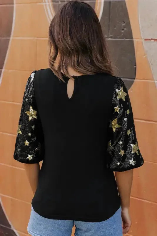 Black Star Sequin Splicing Half Sleeve Top - Fashionfitz